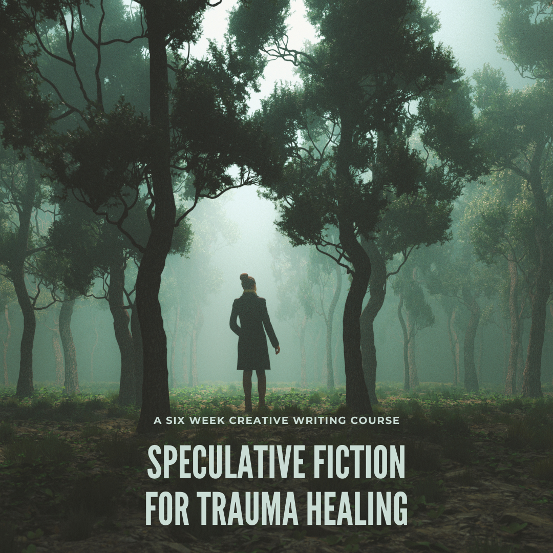 A person walking through a forest. The trees have curvy and bending trunks and the air is hazy. 