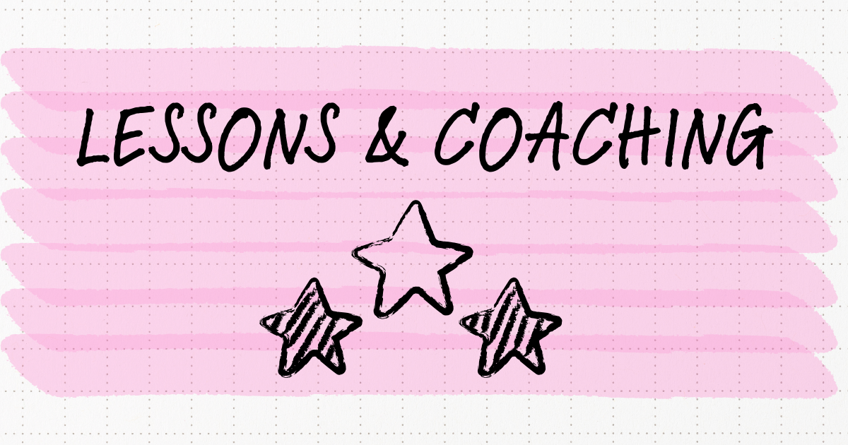 Layers of pink highlighter over text that says Lessons & Coaching, and three doodles of stars.