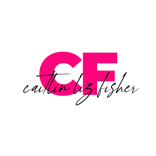 The letters CF in a bold, hot pink font, with a signature that says Caitlin Liz Fisher