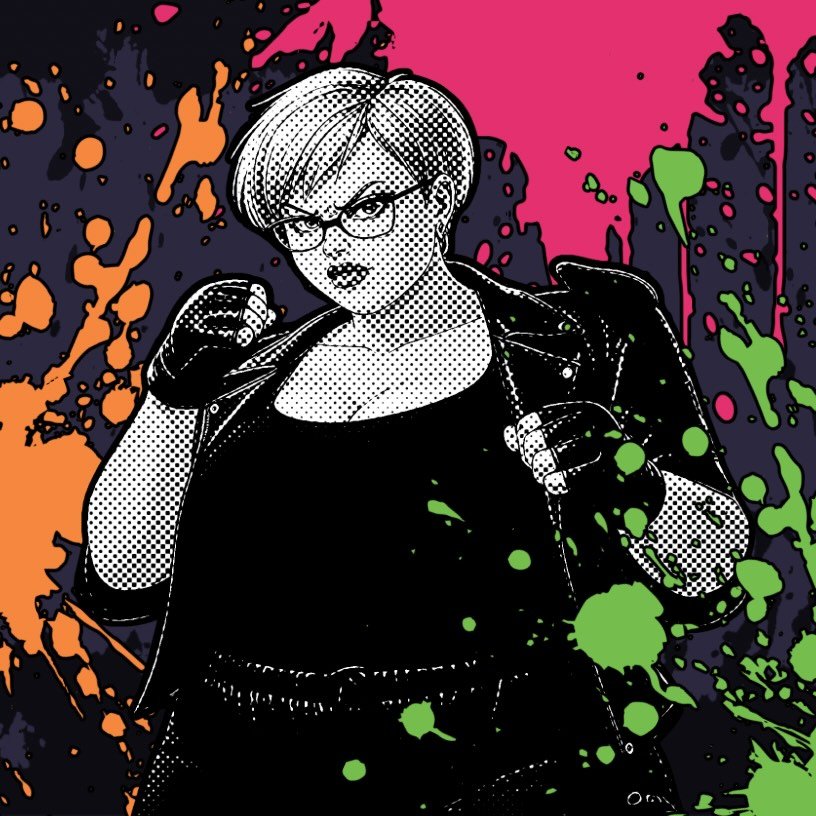 A comic book style illustration of Diedra, a fat white woman with short blonde hair. She has an angry look on her face and is holding her fists up like she's ready to kick some ass.